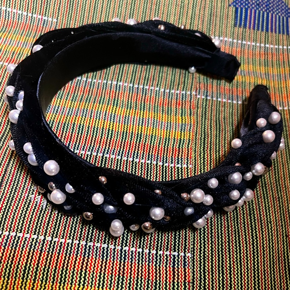Embellished Jumbo Headband Black w/ Pearls